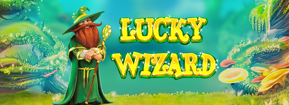 Lucky Wizard Logo mit Zauberer im magischen Wald